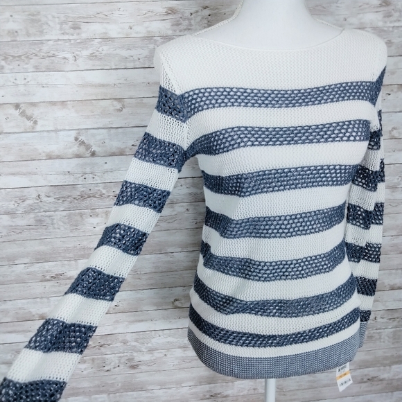 INC Sheer Knit Sweater Blue Sparkle White 787 - Picture 2 of 7